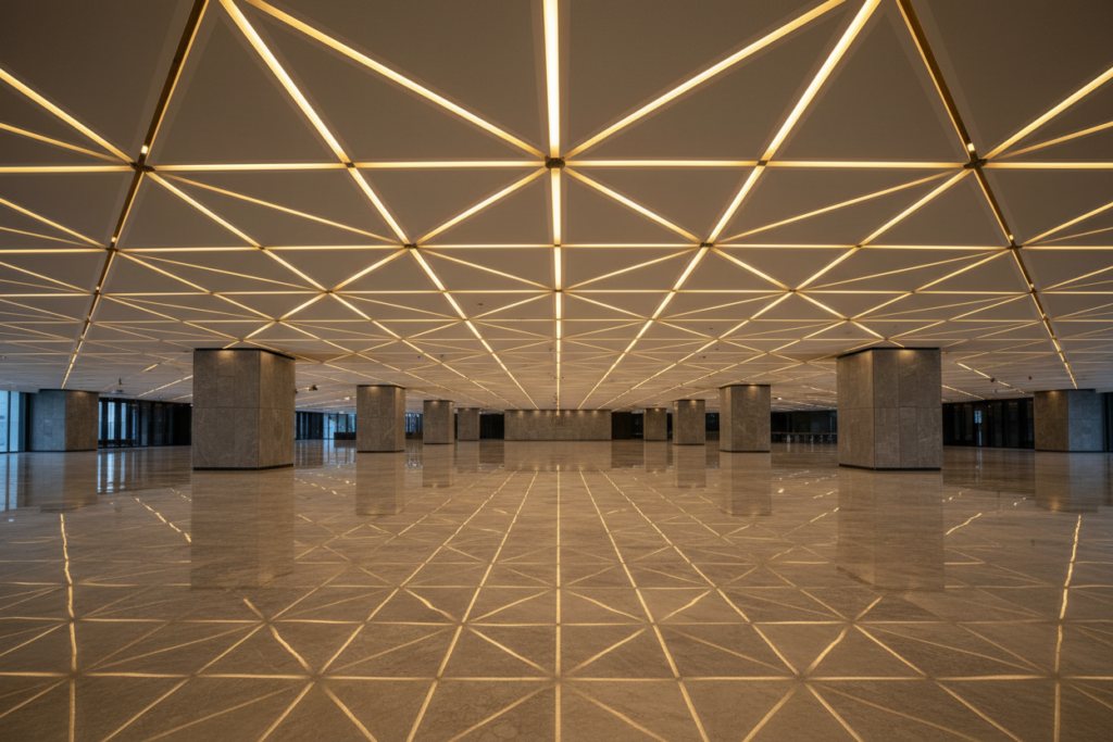 Marble lobby with a sweeping staircase and coffered ceiling