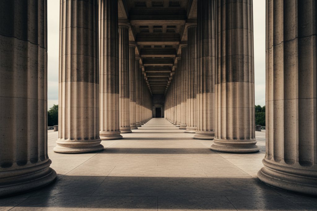 Colonnade of stone pillars receding into the distance